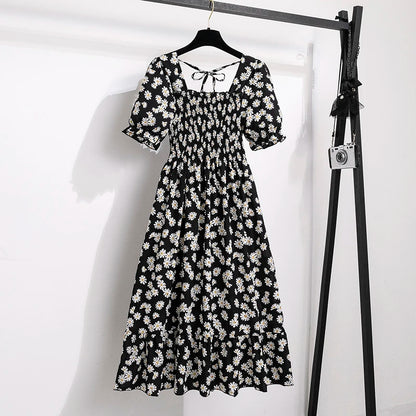 Spring Summer Chiffon Dresses Fashion Female Elastic Waist Short Sleeve Pleated Casual Dress Women A-line Dresses Vestidos - Smarsty
