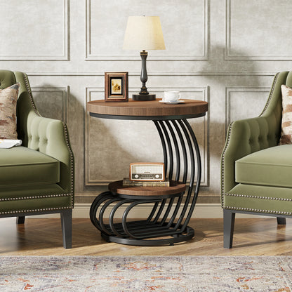 Tribesigns Gold Round End Table: 2 Tiers Faux Marble Side Table with Storage Shelf, Modern White Gold Bedside Nightstand