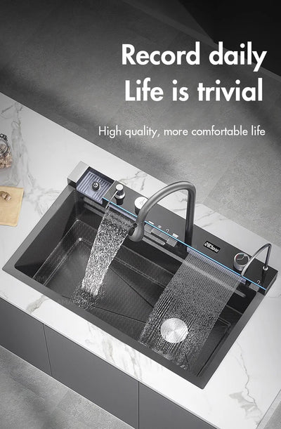 Large Stainless Steel Kitchen Sink with Digital Faucet Display - Smarsty