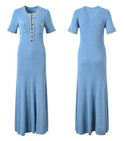 Elegant Contrasting Women Knit Maxi Dress Chic O-neck Short Sleeve Metal Buttons Bodycon Dresses Office Lady Commuting Robe - Smarsty