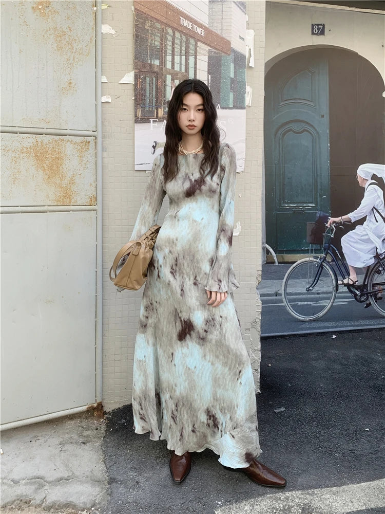 CHEERART Designer Pleate French Long Maxi Dress For Women Flare Long Sleeve Swing A Line Dress Fall Clothes - Smarsty
