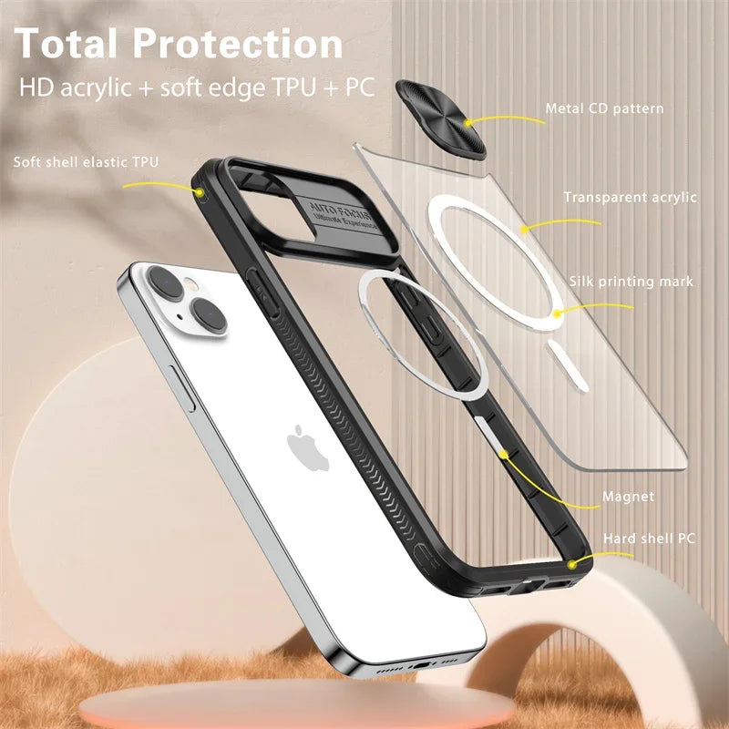 Slide Camera Lens Acrylic For Magsafe Magnetic Wireless Charging Case For iPhone 15 14 Plus 13 12 11 Pro Max XR X S 7 8 Cover