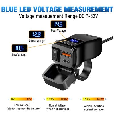 PD QC3.0 Motorcycle USB Fast Charger 60W Handlebar Dual USB Socket with Switch Voltmeter Waterproof 12V Power Supply Adapter - Smarsty