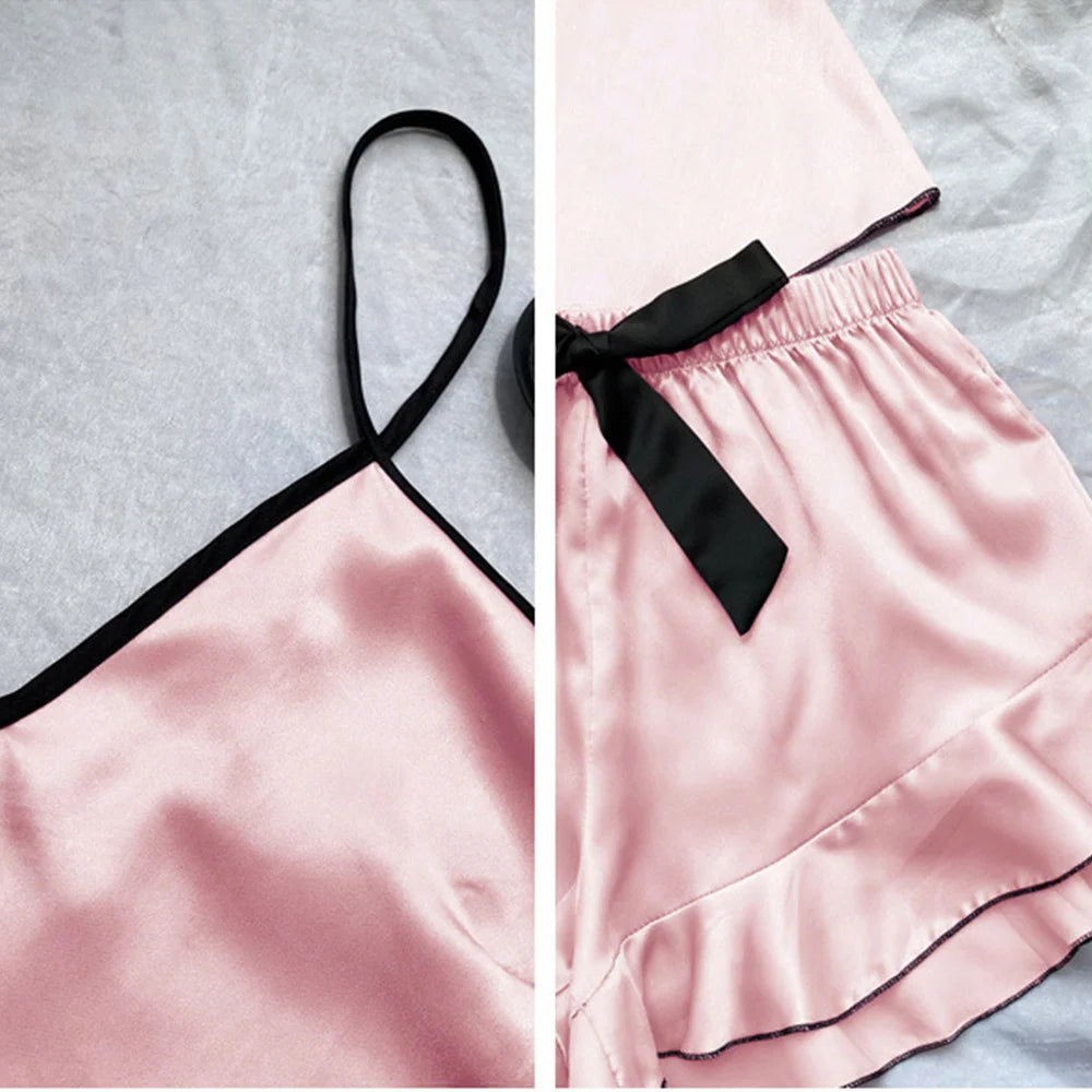 Women's Smooth Satin Pajamas V-Neck T-Shirt Ruffled Edges And Bow Shorts Simple And Breathable Pajama Set Sling Home Clothing - Smarsty