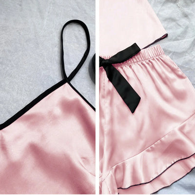 Women's Smooth Satin Pajamas V-Neck T-Shirt Ruffled Edges And Bow Shorts Simple And Breathable Pajama Set Sling Home Clothing - Smarsty