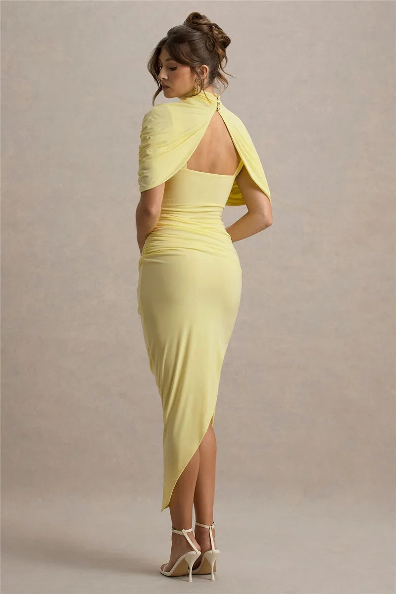 Mozision Half Sleeve Backless Ruched Sexy Maxi Dress Women Summer New Turtleneck Slim High Waist Evening Club Party Long Dress