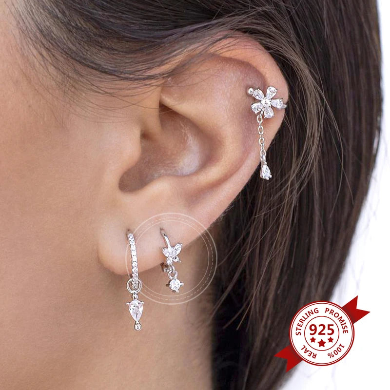 925 Sterling Silver Hoop Earrings White Crystal Luxury - Smarsty