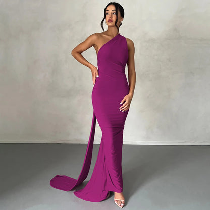 Hugcitar One Shoulder Backless Adjustable Scarf Loop Ruched Sexy Maxi Dress Women Elegant Y2K Streetwear Festival Outfit - Smarsty