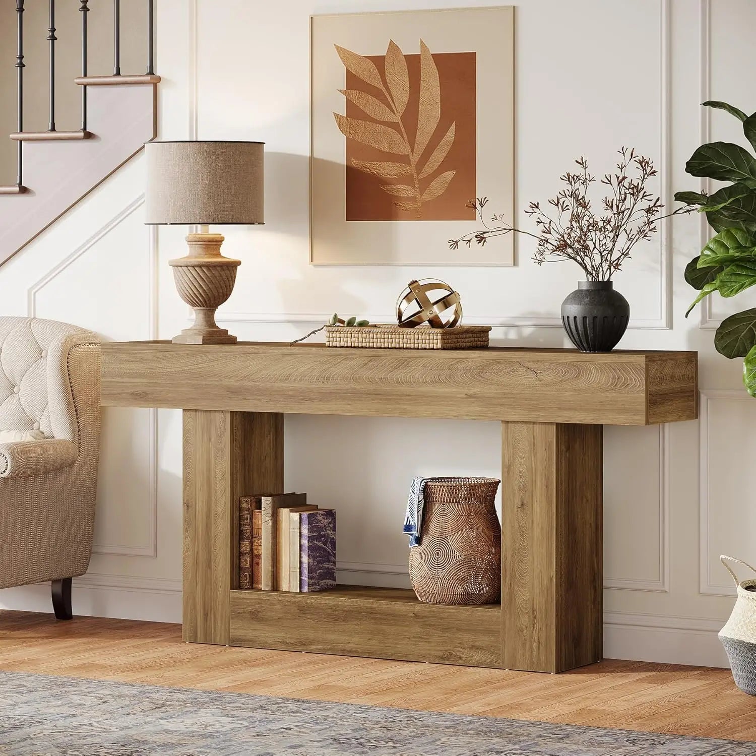 Tribesigns 63" Console Table, Farmhouse 2-Tier Entryway Table with U-Shaped Base, Narrow Long Wood Sofa Table Behind Couch Table
