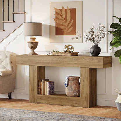 Tribesigns 63" Console Table, Farmhouse 2-Tier Entryway Table with U-Shaped Base, Narrow Long Wood Sofa Table Behind Couch Table