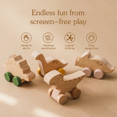 Wooden Baby Car Toys Beech Wooden Dinosaur Cartoon Car Teether Educational Montessori Toys For Children Teething Baby Toys - Smarsty