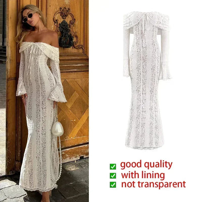 Suninheart White Off The Shoulder Autumn Bodycon Dress 2025 Long Sleeve Elegant Lace Maxi Dress Wedding Guest Dress for Women - Smarsty
