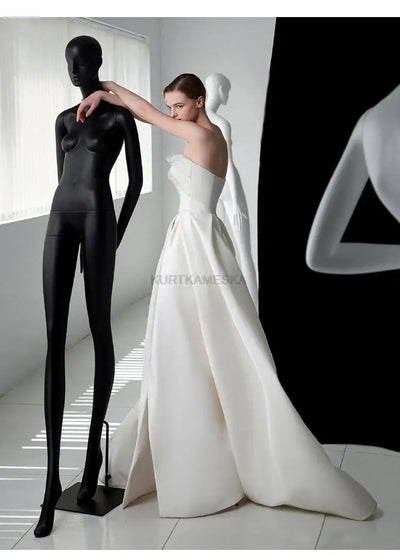 French Luxury White Satin Trailing Wedding Dresses for Bride 2025 Women Elegant Sexy Strapless Long Prom Party Dress vestidos - Smarsty