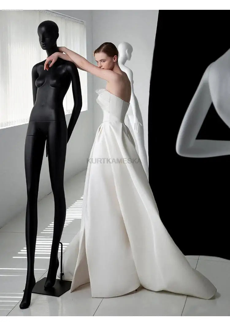 French Luxury White Satin Trailing Wedding Dresses for Bride 2025 Women Elegant Sexy Strapless Long Prom Party Dress vestidos