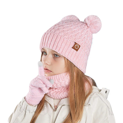 Winter Kids Hat Set Warm Beanie Scarf Gloves Pompom Fleece - Smarsty
