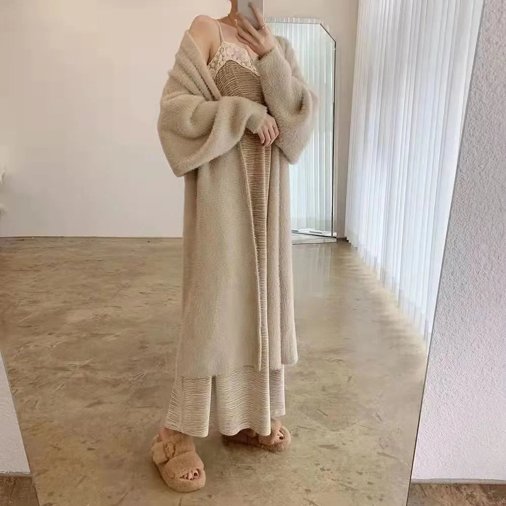 white Long Cardigan for women 2025 new winter clothes Knitted fluffy long sleeve Cashmere sweater coat korean style warm vintage - Smarsty