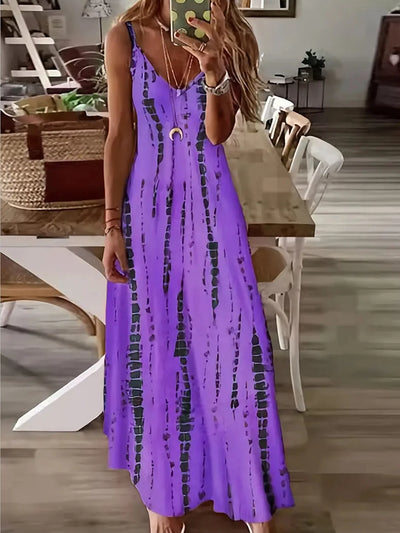 Women's Casual Loose V-neck Tie Dye Printed Spaghetti Maxi Dress Summer Beach Vacation Long Dress - Smarsty