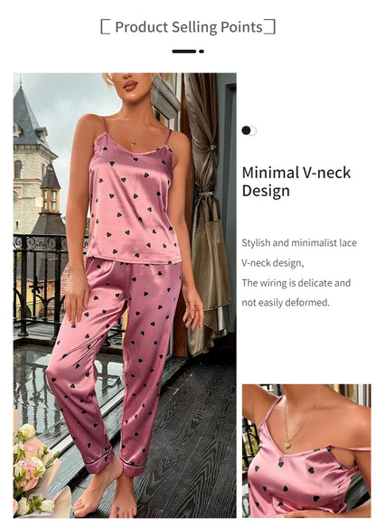 Women Satin Silk Pajamas Sets Letter Print Cami Vest Shirt With Trouser Sleepwear Ladie Sexy Pajama Lingerie Pyjamas Nightwear - Smarsty