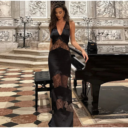 Elegant Lace Halter Dress Women Slim V-neck Backless Evening Long Dresses Woman Sleeveless Vintage Party Robe Lady Spring Summer - Smarsty