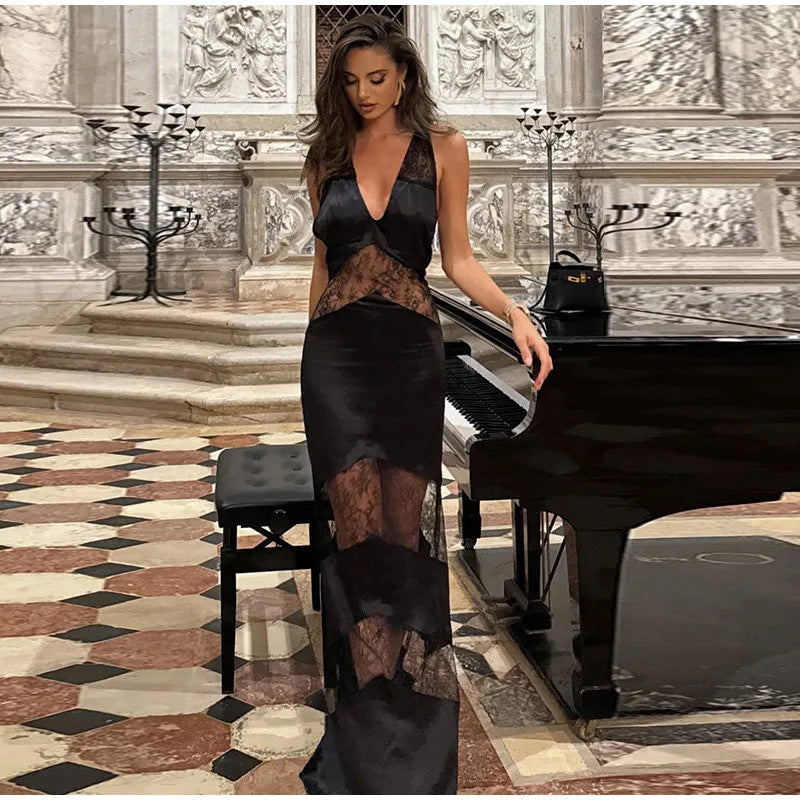 Elegant Lace Halter Dress Women Slim V-neck Backless Evening Long Dresses Woman Sleeveless Vintage Party Robe Lady Spring Summer - Smarsty