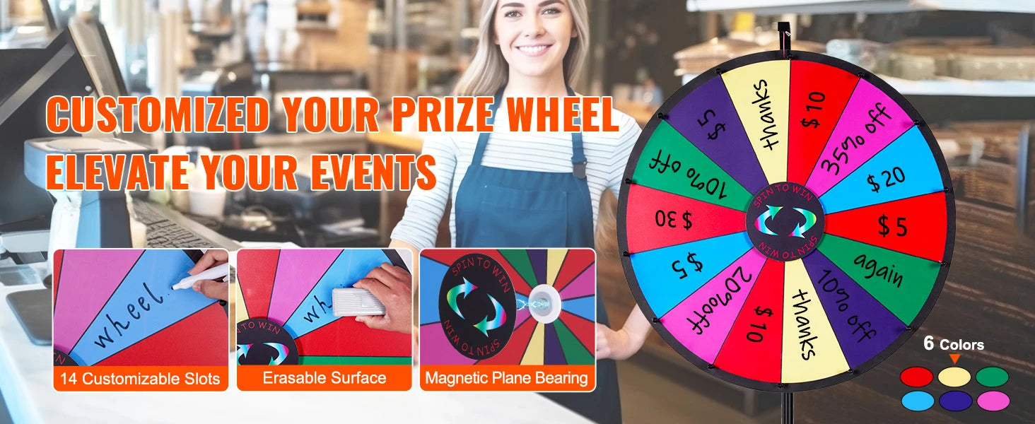 SucceBuy 18 Inch Tabletop Color Prize Wheel w/ Folding Tripod Floor Stand 14 Slots Dry Erase for Win Fortune Spinning Stand Game - Smarsty