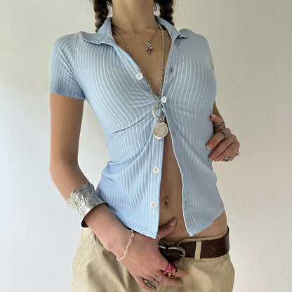 Sweetown Blue Stripe Short Sleeve Shirts For Women Button Up Turn Down Collar Slim Simple Casual Preppy Tops Basic Summer Tees - Smarsty