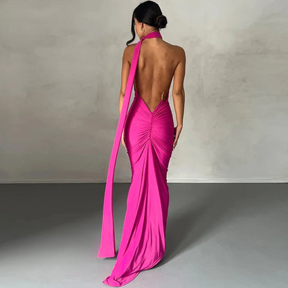 Hugcitar One Shoulder Backless Adjustable Scarf Loop Ruched Sexy Maxi Dress Women Elegant Y2K Streetwear Festival Outfit - Smarsty
