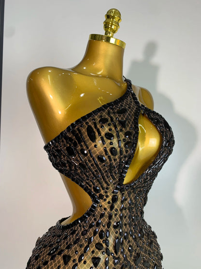 Sexy Sparkly Diamond Backless Short Dress 2025 Women Sleeveless Mesh See Through Evening Birthday Gown Singer Stage Outfit - Smarsty