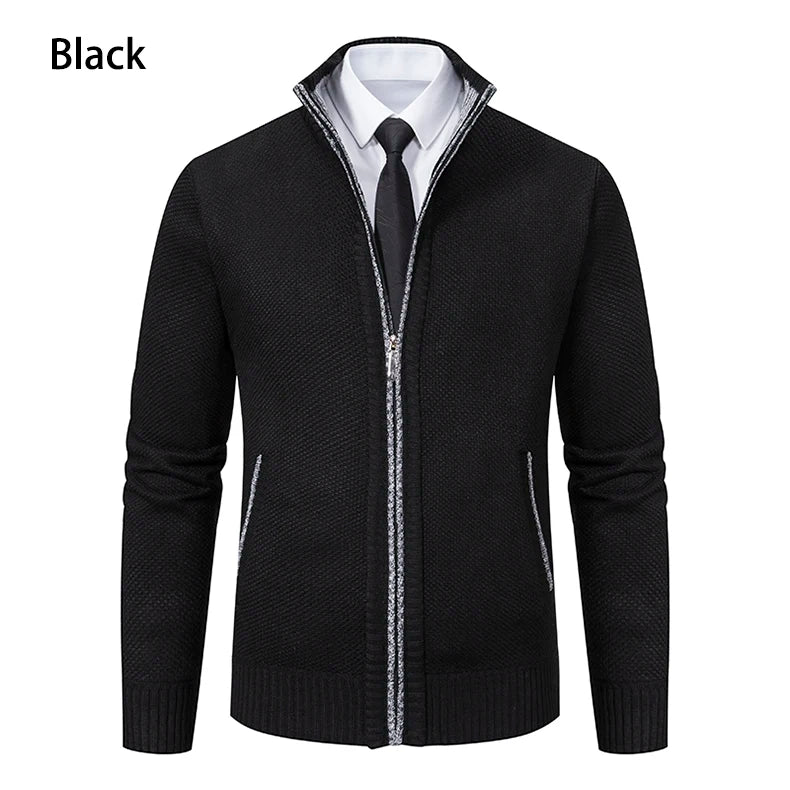 Autumn And Winter New Jersey Men's Casual Sports Coat Solid Color Stand Collar Wweater Grab Fleece Warm Zipper Cardigan - Smarsty