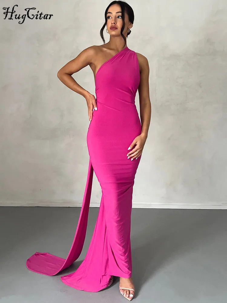 Hugcitar One Shoulder Backless Adjustable Scarf Loop Ruched Sexy Maxi Dress Women Elegant Y2K Streetwear Festival Outfit - Smarsty