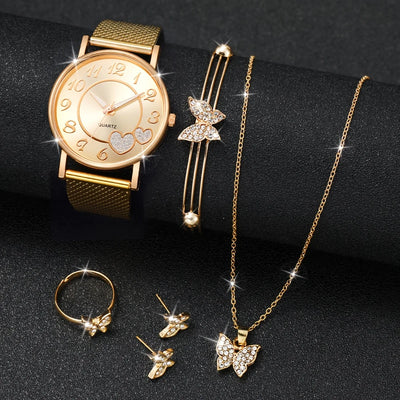 Fashion Heart Women's Quartz Watch Set with Butterfly Jewelry - Smarsty