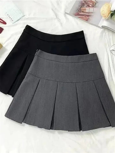 Vintage Gray Pleated Skirt Women Kawaii High Waist Mini Skirts Korean Fashion School Uniform Harajuku Streetwear Spring - Smarsty