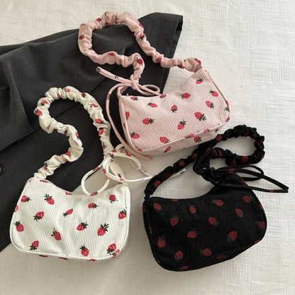Corduroy Underarm Bag For Women Strawberry Print Mini Tote - Smarsty