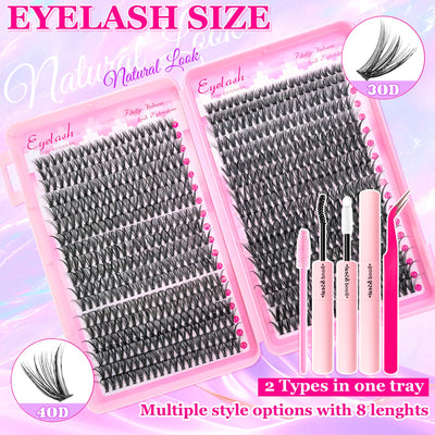 720/200pcs eyelash Extension Kit Fluffy Eyelash Extension kit with Lash Bond and Seal Lash Tweezers Thick Lash Clusters Wispy - Smarsty