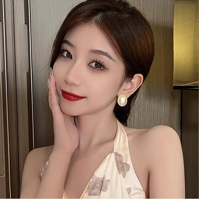 Retro Imitation Pearl Zircon Earrings Oval Square Hollow - Smarsty