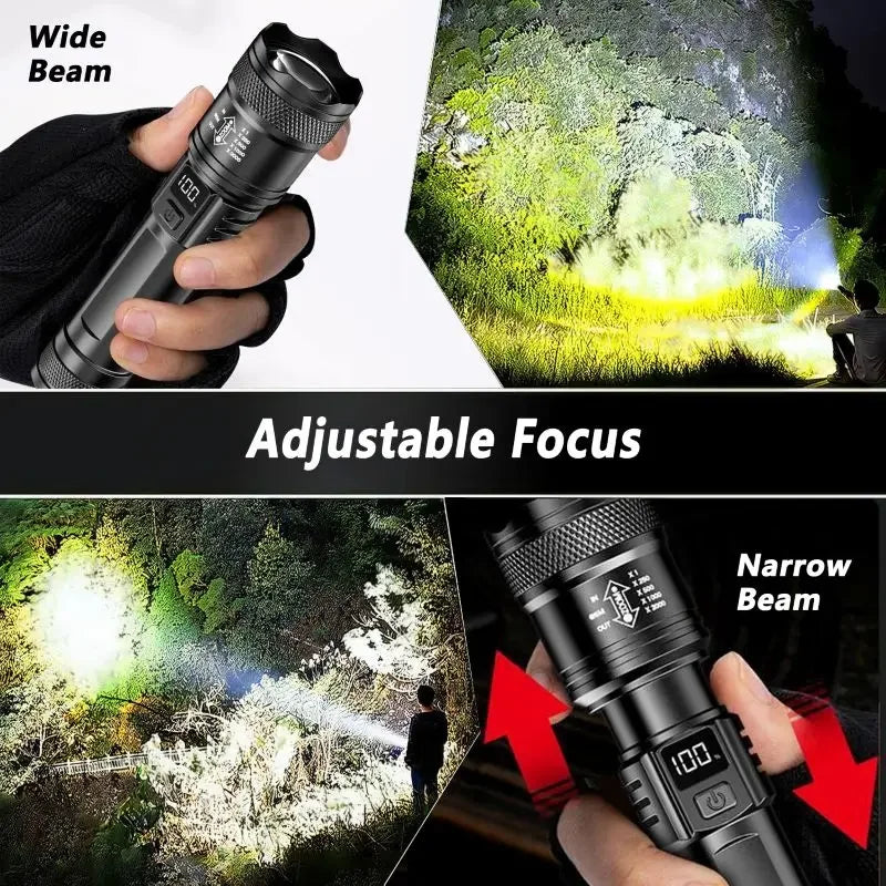 Rechargeable LED Flashlight Zoomable Torch with LCD Display 3 Modes Waterproof High Power Hand Light Outdoor Wilderness Camping - Smarsty
