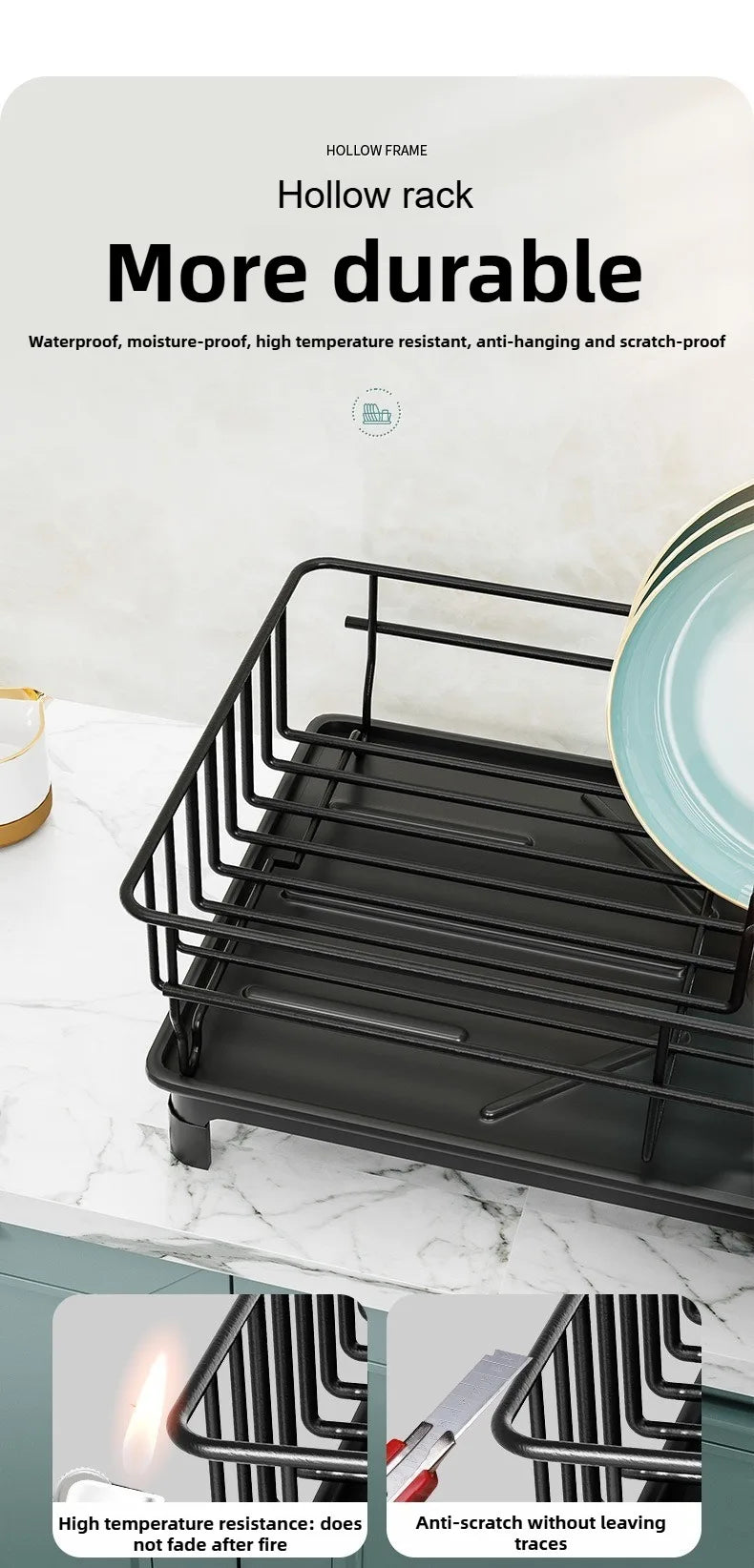 Single Layer Hollow Dish Rack Kitchen Countertop Rack with Drainage Tray Multifunctional Tableware Rack Rust Resistant Durable
