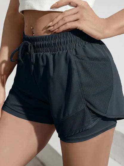 Women's Elastic Sports Shorts, Shorts With Pockets, Fake Two-Piece Yoga Leggings Running And Training - Smarsty