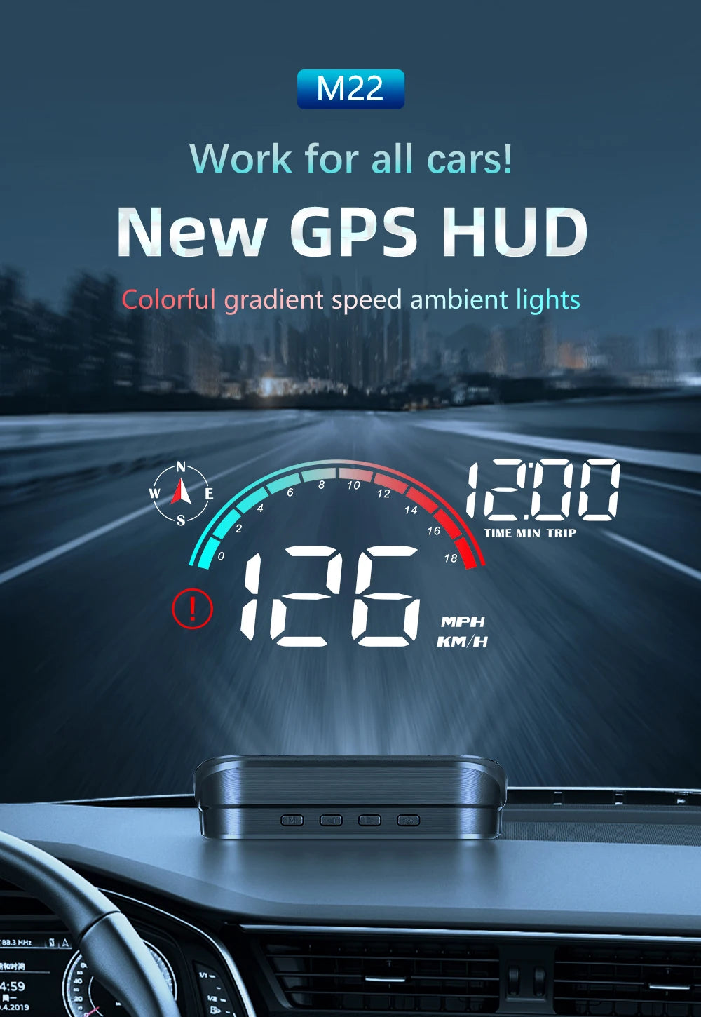 M22 Car HUD Head Up Display Universal Digital GPS Speedometer HD LCD Projection On Glass Windshield Projector for All Cars