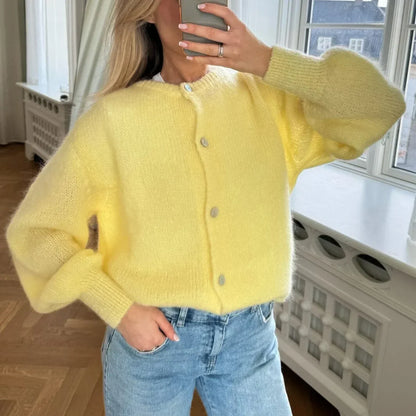 Women Solid Knitted Single Breasted Cardigan O-neck Long Sleeve Loose Soft Sweater 2024 Autumn Lady Knitwear ﻿ - Smarsty