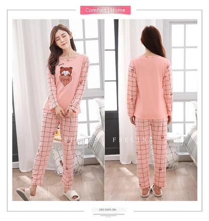 2PCS/Set Women Fashion Long-Sleeved Pajamas Fall and Winter Cartoon Love Bear Cute Soft Loose Casual Sleepwear Outside Homewear - Smarsty