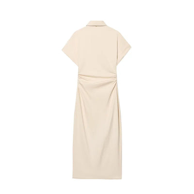ETJ 2025  Spring New 1975 series denim MIDI dress with lapel side zipper fashion wrinkle waist slim elegant dress - Smarsty