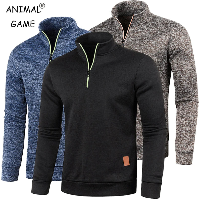 Autumn Men's Half Zipper Sweatshirts Long Sleeve Solid Color Pullover Turtleneck Streetwear Winter Warm Jacket Sport Coats - Smarsty