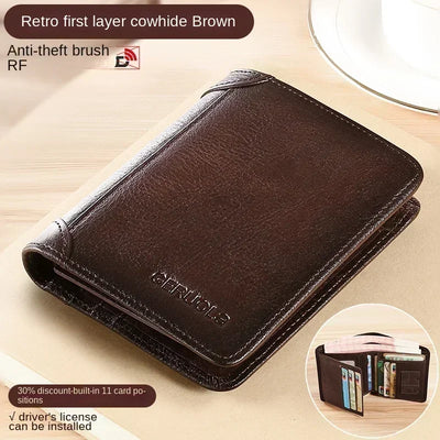 Men Wallet Genuine Leather Rfid Blocking Trifold Wallet Vintage Thin Short Multi Function ID Credit Card Holder Male Purse Money - Smarsty