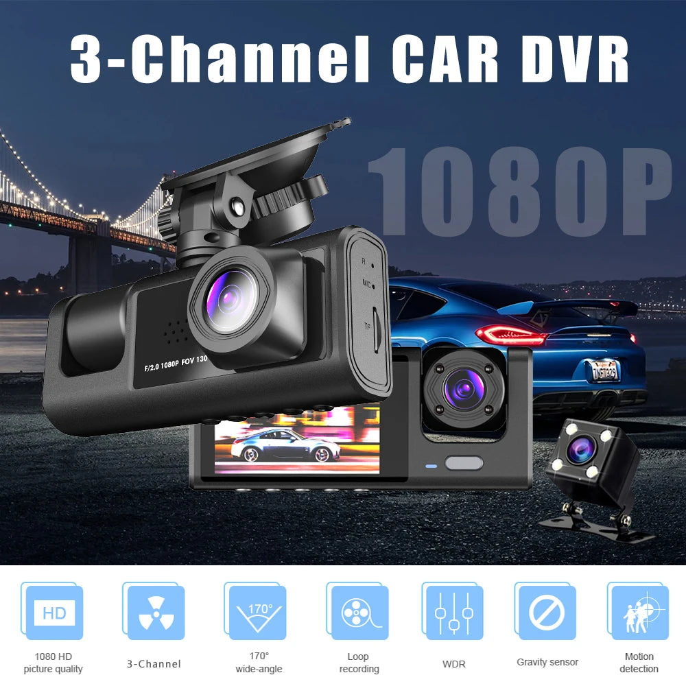 Three Channel Dash Cam 1080P With Three Lenses For Cars - Smarsty