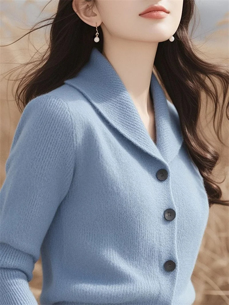 2025 New Spring Autumn Turndown Collar High End Women Knitt Cardigan Sweater Fashion Korean Version Female Knitwear Tops - Smarsty
