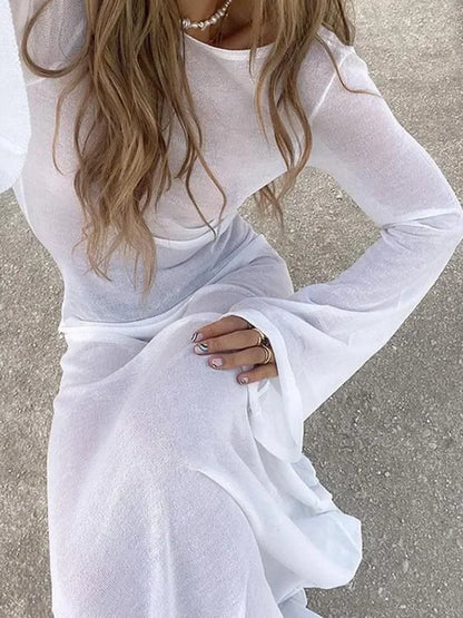 White Backless See-through Long Dress Women's Summer Slim High Waist Spliced Long Sleeve Solid Color Beach Long Dress - Smarsty