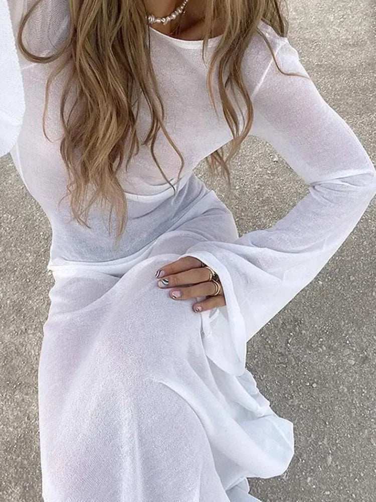 White Backless See-through Long Dress Women's Summer Slim High Waist Spliced Long Sleeve Solid Color Beach Long Dress - Smarsty