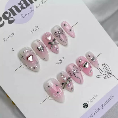 24 Piece Pink Almond Fake Nail Set With Bowknot Design - Smarsty