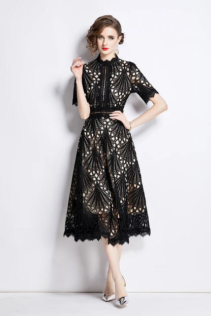 H Han Queen Spring New Elegant Casual Work Party Dresses Floral Crochet Hollow Out Lace Patchwork Casual Office Midi Dress - Smarsty